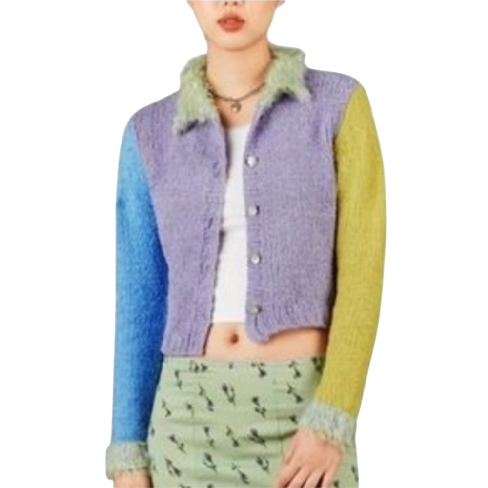 Cider Womens Fuzzy Collar Color Block Cardigan Sweater Small NWT